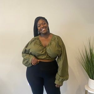 Pretty Little Thing Green Khaki Tie Front Ruched Blouse